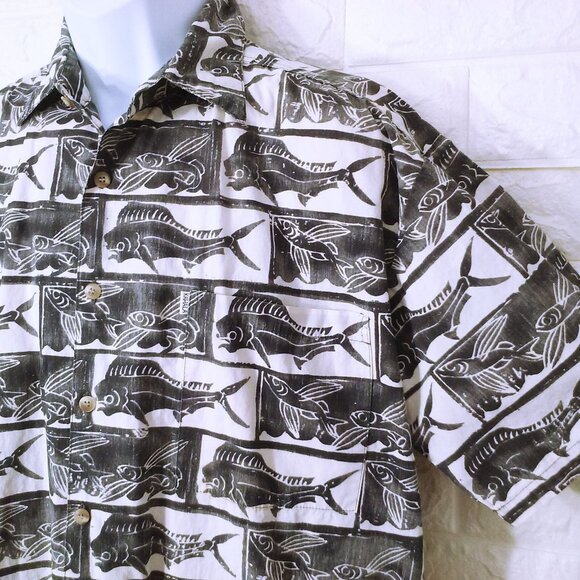 Vintage 90s Kahala Aloha Shirt -M Buttons Pocket SSL Vents Mahi Flying Fish - Picture 4 of 12